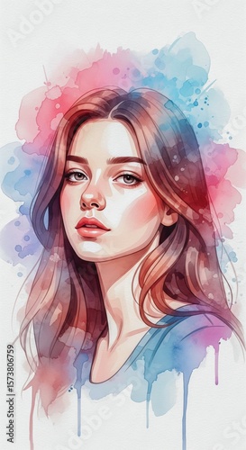 Watercolor Portrait of a Young Woman with Vibrant Abstract Background