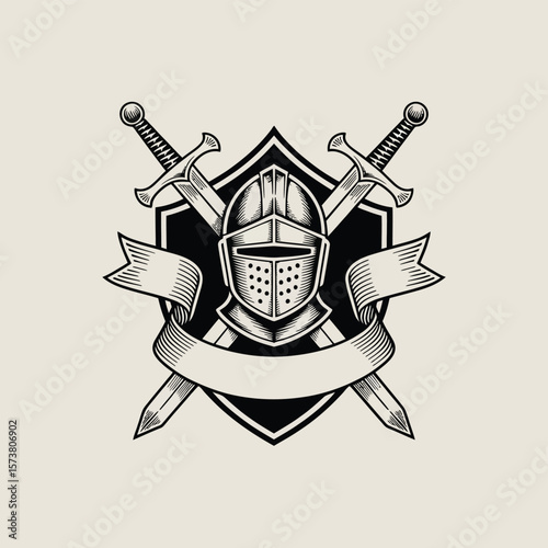 Knight s helmet with crossed swords and banner emblem in vintage style