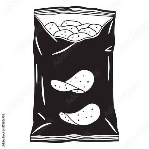 Black and white illustration of a bag of potato chips with visible snack contents