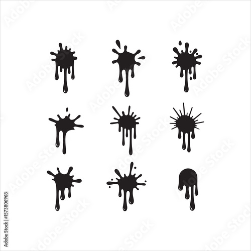 Collection of black dripping splatter shapes and liquid blob designs