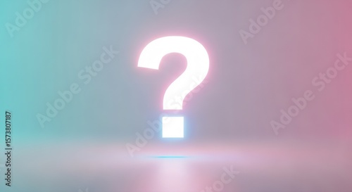 A glowing question mark on a pastel gradient background with a soft light reflection on the surface