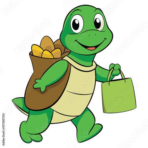 Cartoon green turtle carrying shopping bag and sack of gold