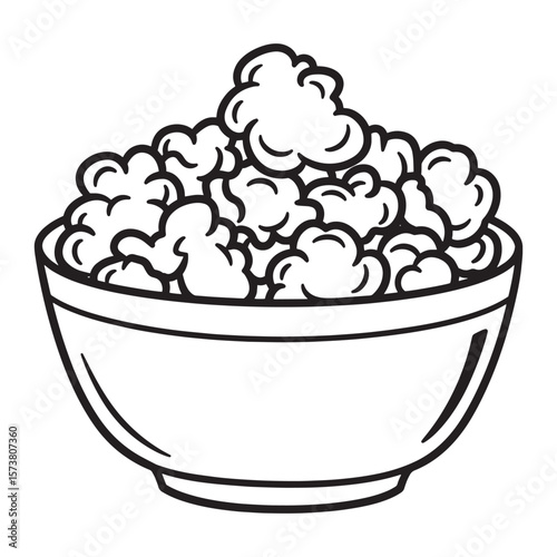 Black and white illustration of a full bowl of freshly made fluffy popcorn.