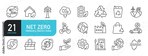 Set of line icons related to net zero, ecology, environment. Outline icons collection. Editable stroke. Vector illustration