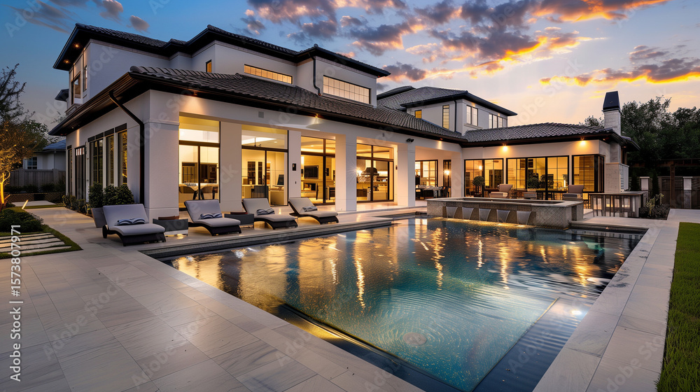 Fototapeta premium 3d rendering of modern cozy house with pool and parking for sale or rent in luxurious style and beautiful landscaping on background. Clear summer night with many stars on the sky.