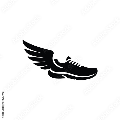 Black silhouette of a running shoe with wings symbolizing speed and movement