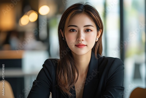 Asian businesswoman suffering from neck pain while working in the office, seated at a table, trying to relieve discomfort, Generative AI