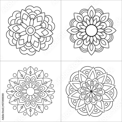 Four beautiful intricate mandala designs for mindful coloring activities presented in a clean black
