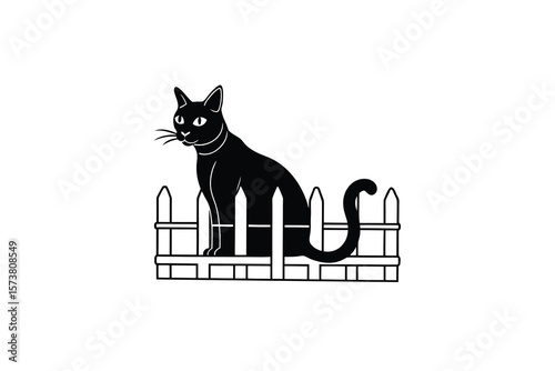 Elegant Black Cat Sitting on a Picket Fence in Silhouette Style against White Background silhouette