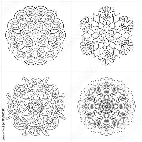 Relaxing line art of four mandala designs to color for mindfulness and creativity on a simple white