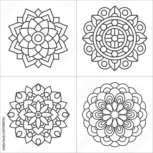 Intricate mandala designs inviting mindful creativity and relaxation drawn in simple black outlined