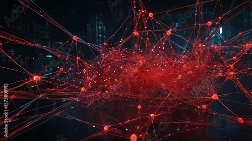 Abstract digital background with glowing red particles, connected nodes, and polygon lines on a dark gradient. Futuristic and tech-inspired, perfect for modern design use.