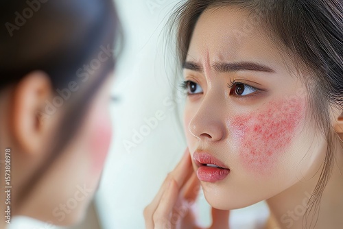 Asian young woman examining her face in the mirror, noticing a red rash on her skin caused by a cosmetic allergy, considering skincare adjustments, Generative AI