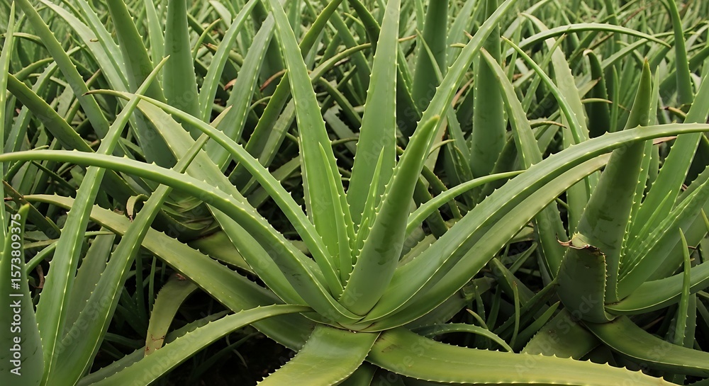 Obraz premium Lush Aloe Vera Plantation Vibrant Green Succulents Under Natural Light.