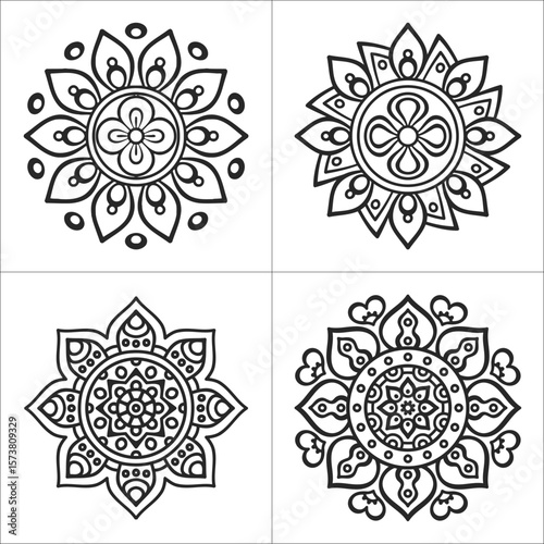 Intricate mandala designs invoking calm and focus perfect for coloring and meditation on crisp white