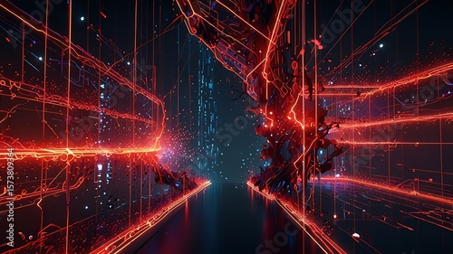 Abstract digital background with glowing red particles, connected nodes, and polygon lines on a dark gradient. Futuristic and tech-inspired, perfect for modern design use.