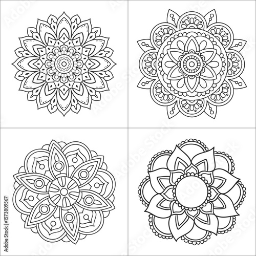 Four intricately detailed mandalas beckon creativity and relaxation in this adult coloring book page