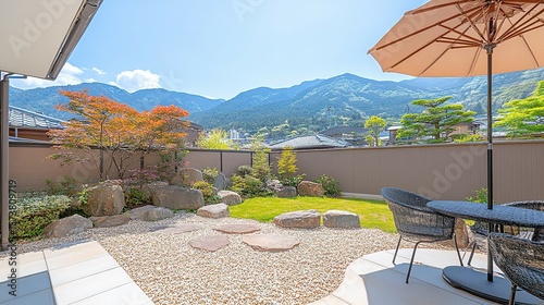 Picturesque backyard patio with mountain view.