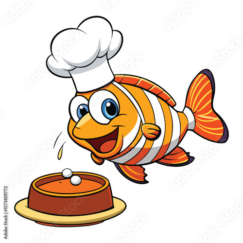 Cartoon clownfish chef with pie cooking