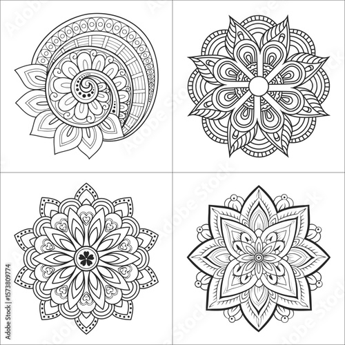Intricate floral mandala designs inspire tranquility and creativity in detailed black and white line