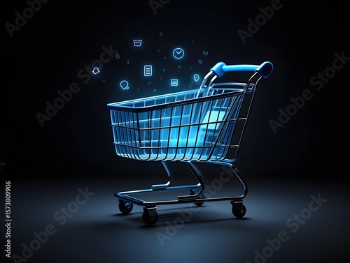 Futuristic glowing shopping cart with digital icons representing online shopping and e commerce