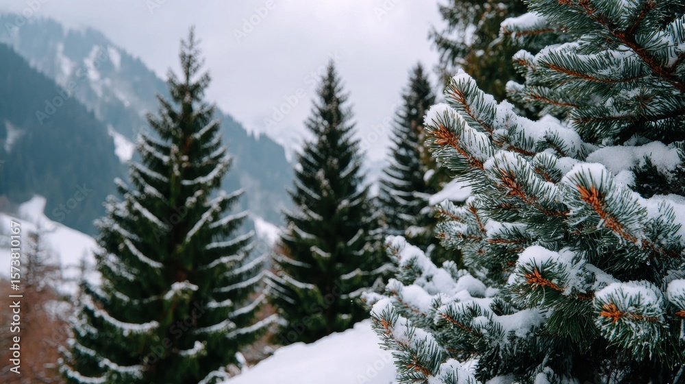 Obraz premium Snow-covered pine trees in a serene mountain landscape, showcasing the beauty of winter and nature's tranquility.