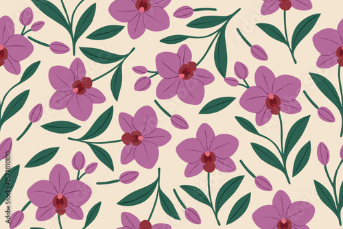 Seamless pattern of purple orchid flowers with green leaves and soft cream background. Elegant and modern botanical design ideal for fabric, wallpapers, and decor.