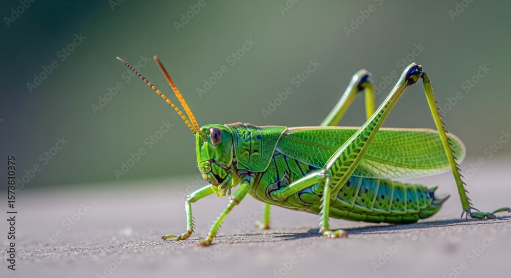 Fototapeta premium Macro Photography of a Vibrant Green Grasshopper on Concrete