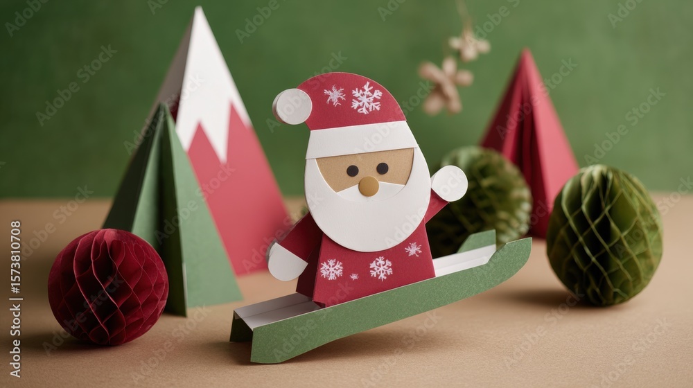 Obraz premium Paper craft Santa skiing among festive trees and ornaments on a green and brown background, capturing a playful holiday scene.