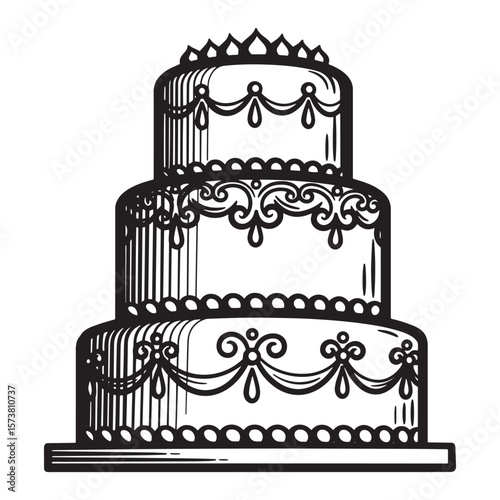 Elegant three tier cake illustration in black and white perfect for wedding celebrations