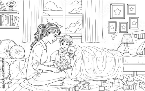 Mother reading bedtime story to child before sleep in cozy bedroom with warm ambiance