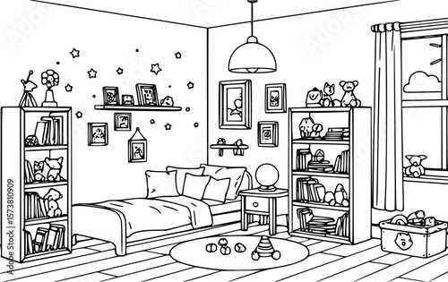 Cozy Children’s Bedroom Interior with Toys and Books in a Hand-Drawn Style