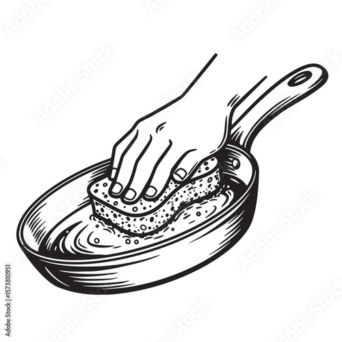 Hand cleaning a frying pan with a sponge vector illustration in black and white
