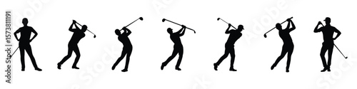 Silhouette icon set of golfers in different swinging poses, including preparing, hitting, Silhouette vector set of golf players swinging club in various poses,