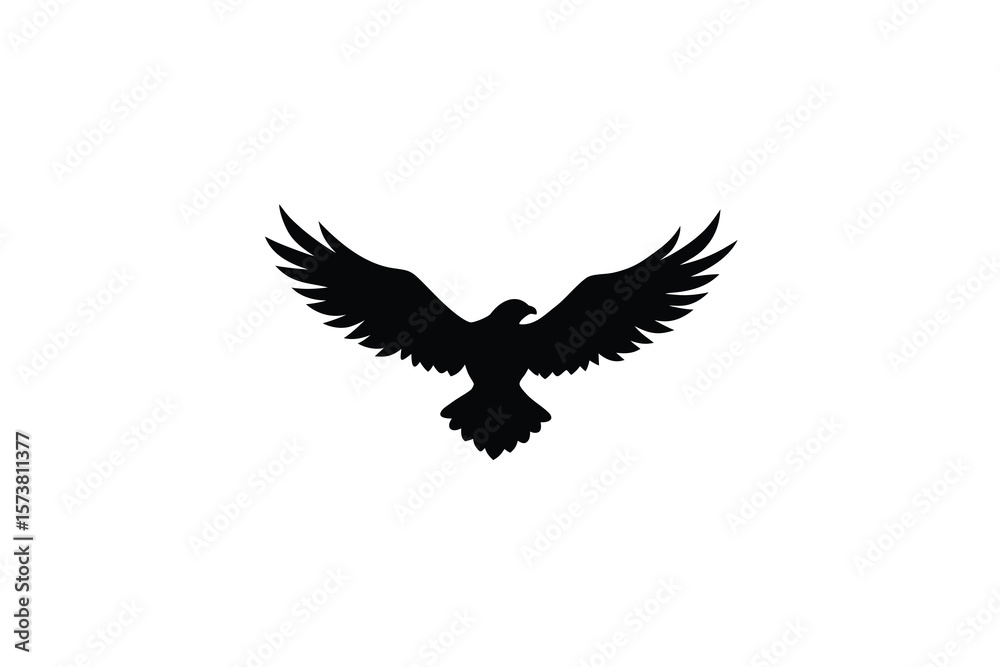 Obraz premium Soaring Eagle with Open Wings in Black Silhouette Against White Background for Graphic Design silhouette