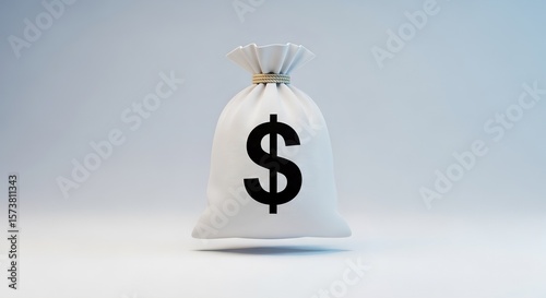 A white money bag with a black dollar sign on it against a light blue and white gradient background