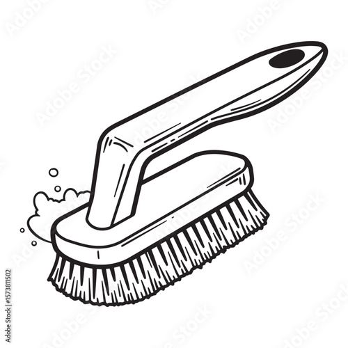 Hand drawn illustration of a cleaning brush and soapy bubbles, perfect for design projects.