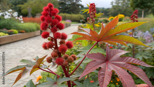 Bright Red Castor Plant in a Garden.