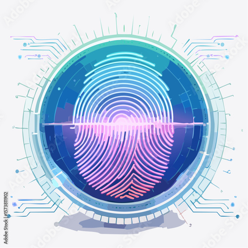 Glowing holographic fingerprint displayed in futuristic digital environment