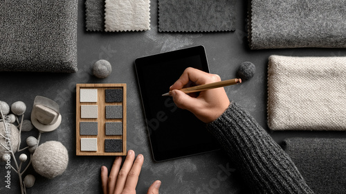 Top-Down View of Designer Working with Fabric Swatches and Digital Tablet on Studio Floor – Creative Workspace in Soft Neutral Tones