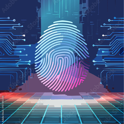 Glowing holographic fingerprint displayed in futuristic digital environment