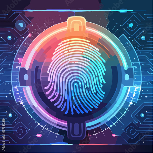 Glowing holographic fingerprint displayed in futuristic digital environment