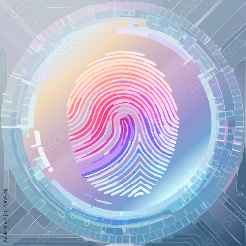 Glowing holographic fingerprint displayed in futuristic digital environment