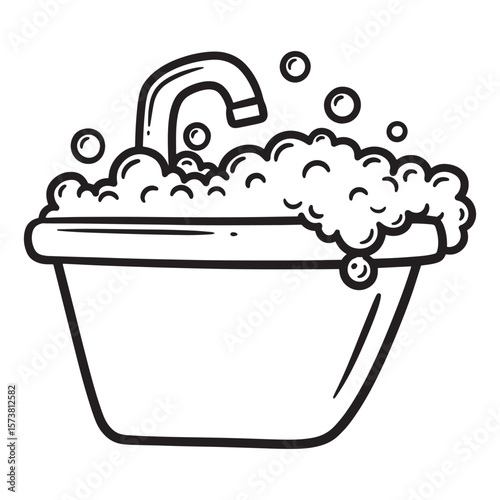 Hand-drawn illustration of a filled bathtub with overflowing bubbles and a water tap in black and white