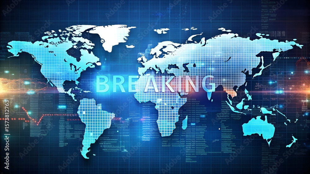 Breaking news headline glowing in neon metallic style over cyber world map background futuristic high-resolution media layout for online video streaming international journalism network television Breaking news headline glowing in neon metallic style over cyber world map background futuristic high-resolution media layout for online video streaming international journalism network television
