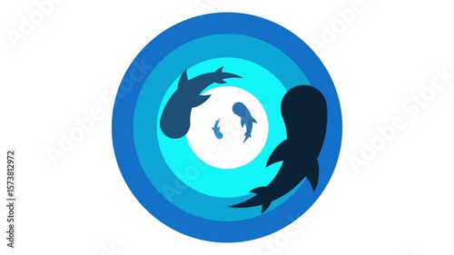 fish swim in a circular rotation on a dark blue field, symbolizing balance, flow, and continual movement in natural and digital realms
