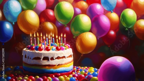 Colorful birthday party scene with festive balloons and a birthday cake topped with lit candles on a vibrant background




