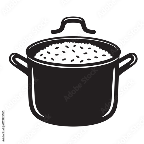 Simple black and white illustration of a cooking pot filled with rice ready to eat.