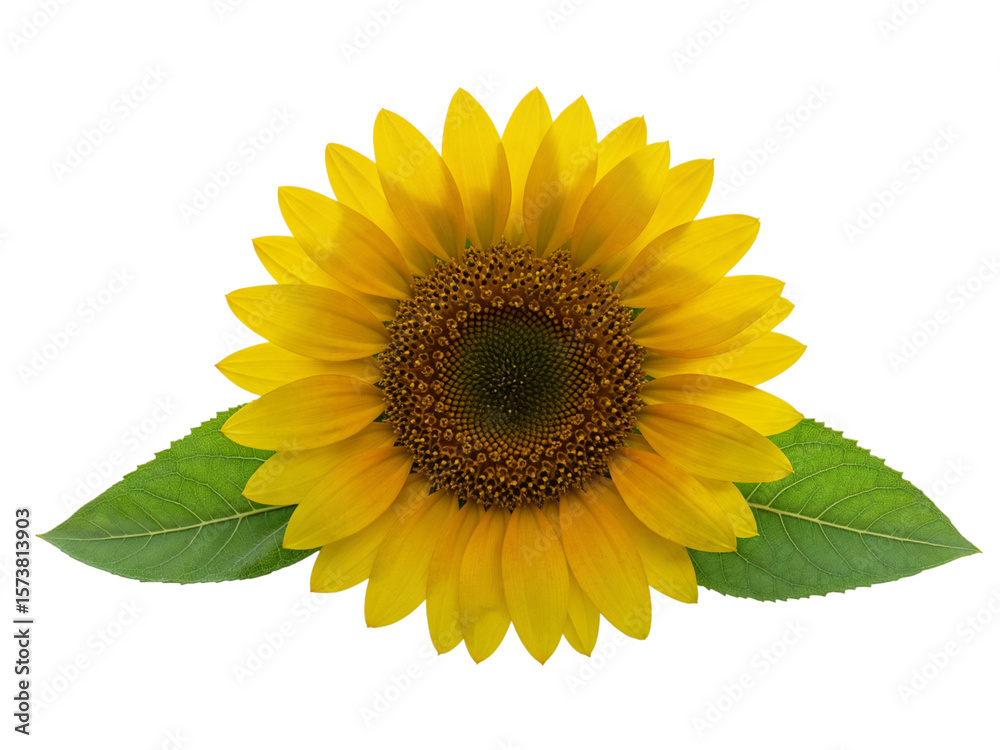 Obraz premium Bright yellow sunflower with green leaves isolated on transparent background