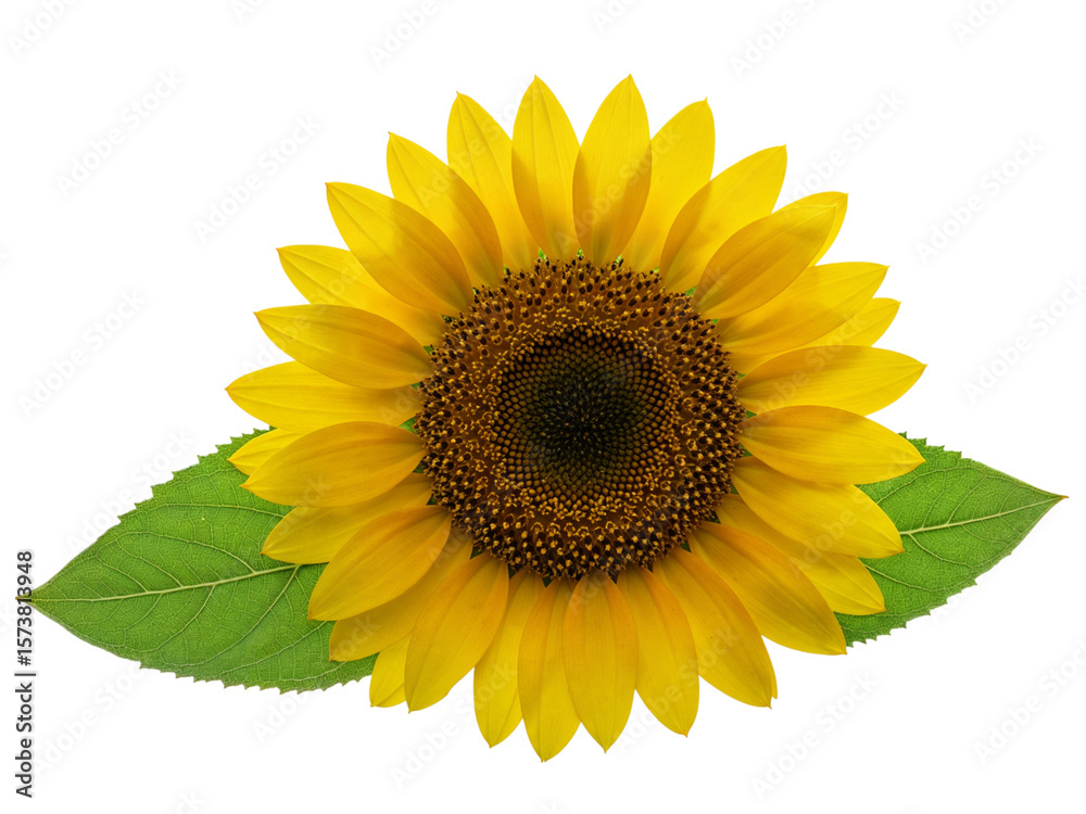 Obraz premium Bright yellow sunflower with green leaves isolated on transparent background